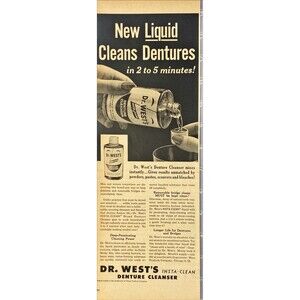 Dr. West's Denture Cleanser "Liquid Cleans Dentures in 2-5 Minutes"Print Ad 1957